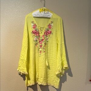 Peach Love California Yellow Embroidered Lace-Up Tunic